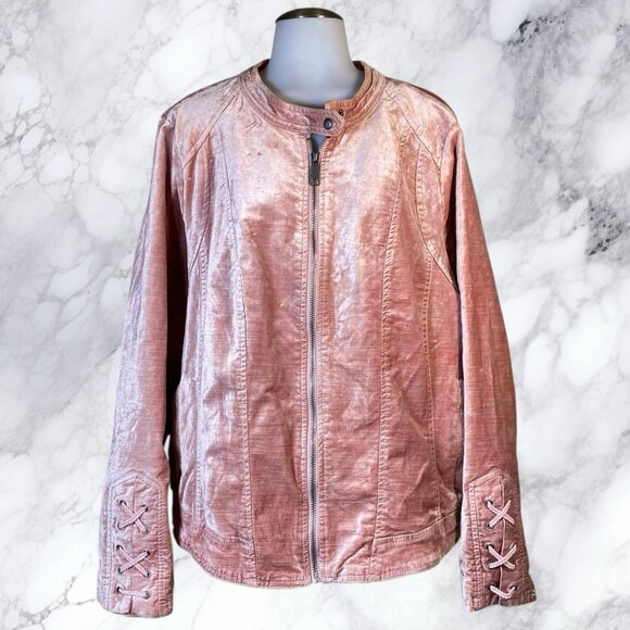 Torrid Crushed Velvet Lace Up Sleeve Moto Jacket in Iced Pink - Picture 3 of 12